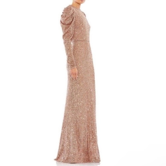 Mac Duggal Sequin High Neck Juliet Puff Long SleeveTrumpet Column Gown Copper